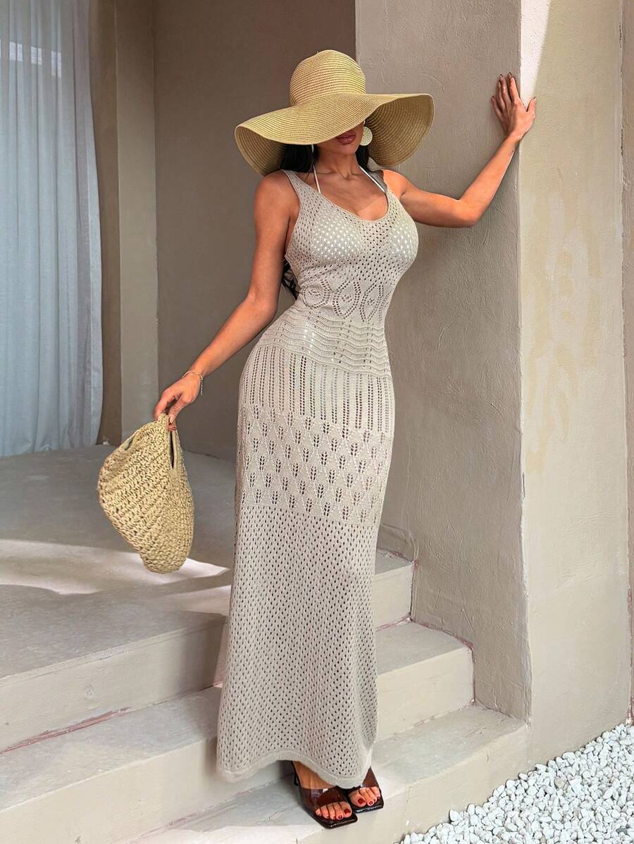 RueChic Boho Knit Spaghetti Strap Maxi Dress - Summer Beachwear Cover-Up - Camel - View 1