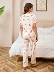 SHEIN 情人节女士两件套睡衣套装，杏色和红色心形印花短袖上衣和裤子，舒适休闲（1 套单独出售） - 彩色 - 查看 2