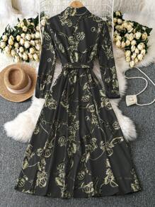 SHEIN Clasi Women's Casual Collar Neck Simple Blue Floral Print Dress Maxi Women Outfit