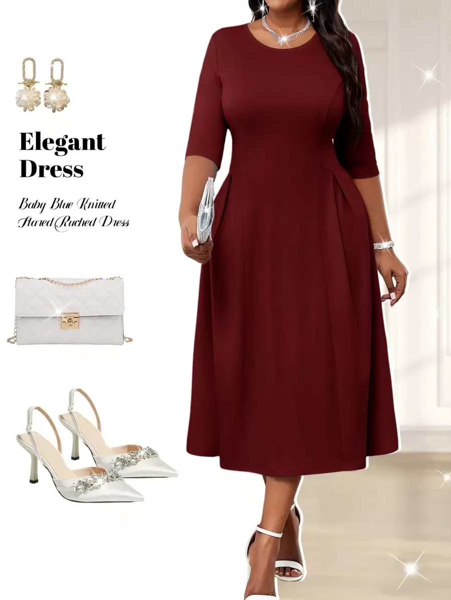 SHEIN Lady Spring And Summer Autumn And Winter Elegant Commuting Office Baby Blue Knitted Round Neck Flared Ruched Ruched Three Quarter Length Sleeve Plus Size Dresses Elegant Women Dresses Classy Outfits - Burgundy - View 1