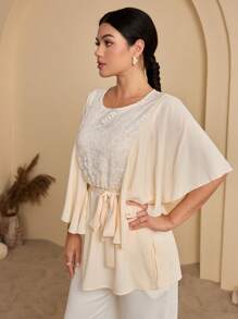 Seusyu Women's Lace Insert Round Neck Batwing Sleeve Belt Blouse - Multicolor - View 4