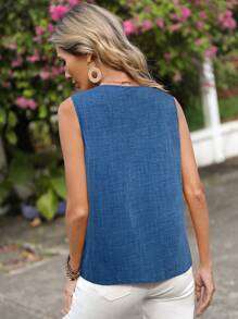 SHEIN LUNE Áo không tay đơn giản, màu trơn dành cho nữ, trang phục thường ngày khi đi nghỉ mát, phong cách thường ngày. - Màu xanh lam - Xem 2