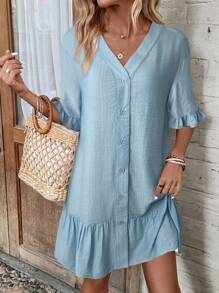 EMERY ROSE Women's Solid Front Button Short Sleeve Casual Cover-Up Dress For Vacation, For Summer Beach ,Country Concert Outfit