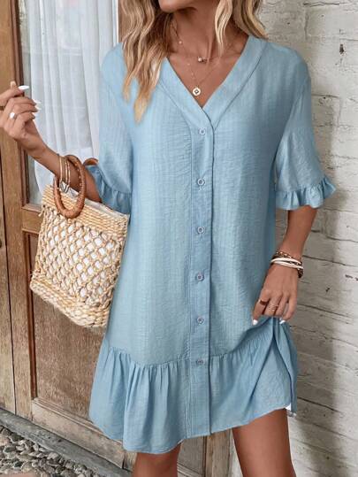 EMERY ROSE 女士纯色前扣短袖休闲罩衫连衣裙，适合度假、夏季海滩