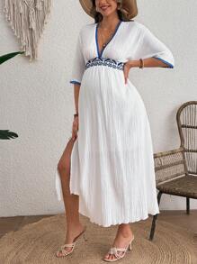 SHEIN Maternity Summer Vacation Casual Geometric Print Patchwork Split Dress - White - View 4