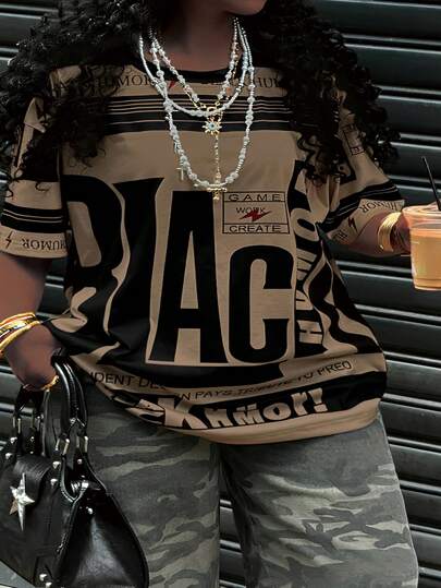 SHEIN EZwear Plus Size Women's Summer Letter Print Round Neck Short Sleeve Casual T-Shirt