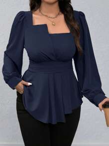 Calvaya Kemeja Kasual Wanita Ukuran Plus dengan Bahu Asimetris, Kerah Bulat, Hem Berkerut, dan Lengan Lentera yang Diikat, Cocok untuk Perjalanan Musim Gugur. - Navy Blue - View 1