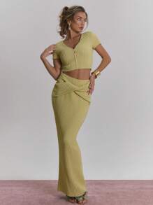 MUSERA Ruched Chiffon Stretch V Neck Button Up Cropped Top For Spring  Casual For Spring  Sexy Club - Mustard Yellow - View 5