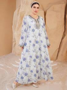 Al Najma Women's V-Neck Long-Sleeved Chiffon Printed Embroidery Gold Lace Rich Elegant Romantic Gorgeous Loose Plus Size Dress Kaftan Jalabiya Dress - Multicolor - View 6