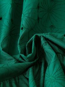 SHEIN Clasi 大码春夏刺绣镂空圆领泡泡袖 A 字形连衣裙 - 墨綠色 - 查看 3