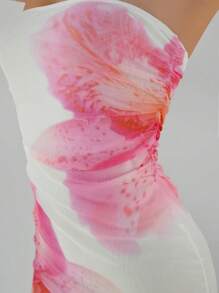 Aloruh 女士浪漫花卉印花透明网眼连衣裙，合身抹胸款式，适合度假和约会，春夏季 - 彩色 - 查看 3