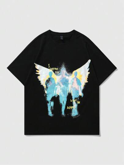 Street Life Men's Slogan & Angel Print Crew Neck Short Sleeve Casual Versatile T-Shirt