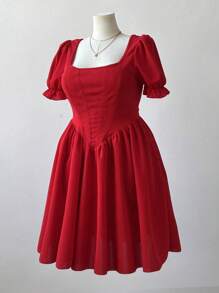 Flirla Plus Size V-Neck Rhinestone Splice Waist Ruched A-Line Short Sleeve Dress, Valentine's Day - Red - View 3