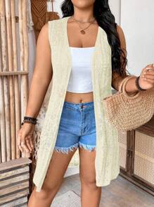 SHEIN Clasi Áo Cardigan không tay màu trơn hở vai cỡ lớn đi biển nghỉ dưỡng - Màu be - Xem 6
