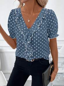 SHEIN Clasi Women's Elegant Ruffle Hem Colorblock Polka Dot Puff Sleeve Blouse - Dusty Blue - View 4
