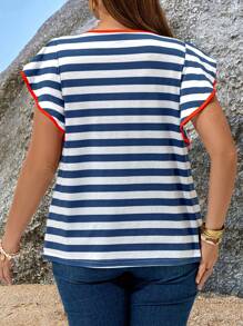 EMERY ROSE Plus Size Striped Short Sleeve T-Shirt, Minimalist & Fashionable, Suitable For Summer Tropical Vacation Woman Clothes Beach Ruffle - Multicolor - View 7