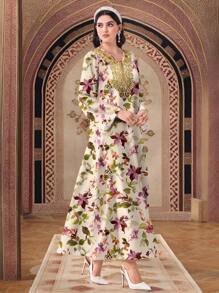 Al Najma 休闲简约全印花保守阿拉伯风格连衣裙，端庄 - 白色 - 查看 8