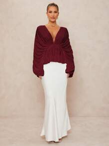 Lumalex Deep V-Neck Loose Blouse With Oversized Ruffle Sleeves And Flared Hem For Women - Burgundy - View 3