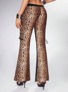 ROMWE Grunge Punk 低腰 Y2K 闪亮音乐节豹纹拼布喇叭裤 - 彩色 - 查看 2