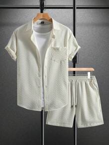 Manfinity CasualCool Bộ áo sơ mi và quần short đơn hàng ngày tay ngắn màu trơn dành cho nam - Màu be - Xem 1