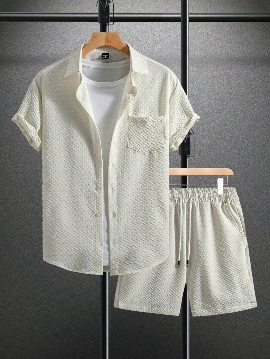 Manfinity CasualCool Bộ áo sơ mi và quần short đơn hàng ngày tay ngắn màu trơn dành cho nam - Màu be - Xem 1