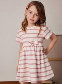 PrepCrw 春夏少女学院风粉色和白色条纹针织短袖运动衫连衣裙