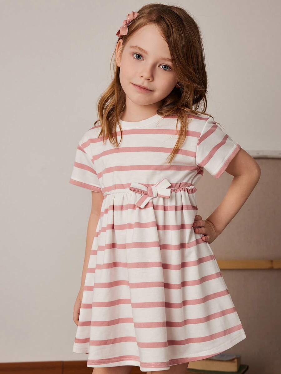 PrepCrw 春夏少女学院风粉色和白色条纹针织短袖运动衫连衣裙