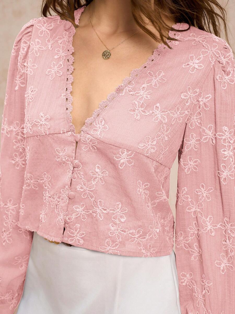 Poéselle 女士 V 领长袖蕾丝边休闲上衣，日常穿着