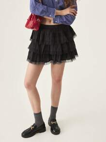 SHEIN Unity Women Lace & Mesh Splicing Multi-Layer A-Line Short Skirt Summer For Women - Black - View 3