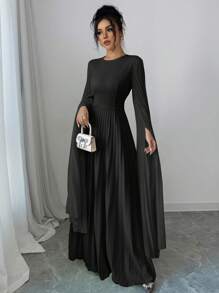 Elenzga Váy nữ thanh lịch lãng mạn cổ tròn vải chắp vá xếp ly eo chữ A - màu đen - Xem 6