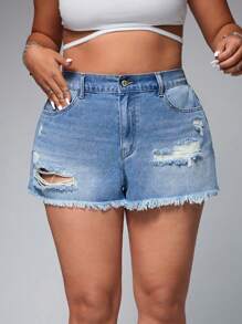 SHEIN EZwear Shorts vaqueros informales y versátiles de talla grande para mujer con bolsillos y dobladillo deshilachado