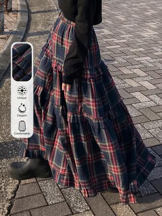 FRIFUL 女士松紧腰格子荷叶边下摆宽松长款休闲 A 字裙