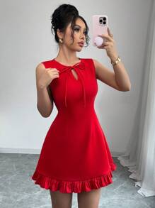 Elenzga 新款女式圆领蝴蝶结设计前开剪裁无袖修身下摆拼色荷叶边迷你连衣裙，优雅百搭，适合通勤、约会、派对 - 紅色 - 查看 4