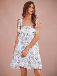 WESTFADE Robe Babydoll Cowgirl Décontractée d'été avec Encolure Carrée, Bretelles nœud Papillon, Dos Smocké, Imprimé Floral Ditsy en Mousseline de Soie Dévorée et Jersey Matelassé sans Manches, Parfait pour le Printemps, Pâques et les Vacances