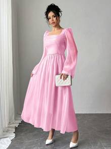 Chiquease Elegant Ice Blue Satin Ruffled Sleeve Dress - Pink - View 5