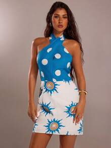 Forever 21 Women's Polka Dot Print Cross Neck Fashion Mini Dress - Blue - View 6