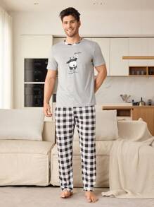 2pcs Men Panda Print Short Sleeve Top And Plaid Long Pants Pajama Set - Light Grey - View 2
