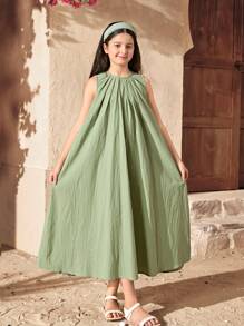 SHEIN Leap Crew Tween Girls Casual Minimalist Hollow Back Round Neck A-Line Loose Dress - Green - View 2