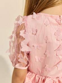 SHEIN Young Girls' Elegant Pink 3D Butterfly Net Mesh Round Neck Dress, Spring/Summer - Pink - View 3