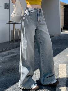 DAZY Women's Loose Fit Casual Wide Leg Jeans With Pockets, Versatile Striped Design Fall,Winter