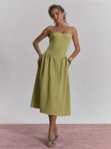 MUSERA Midi Woven Stretch Corset Dress Sundress For Spring Gradution, Wedding Guesr, Summer, Cute Dainty Fields  New Year Thanksgiving   Winter - Green - View 1