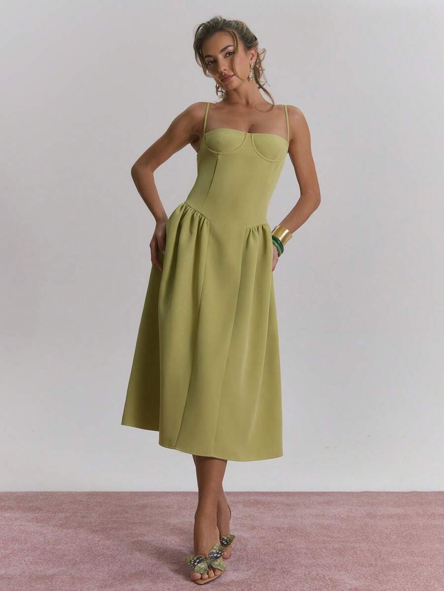 MUSERA Midi Woven Stretch Corset Dress Sundress For Spring Gradution, Wedding Guesr, Summer, Cute Dainty Fields  New Year Thanksgiving   Winter - Green - View 1