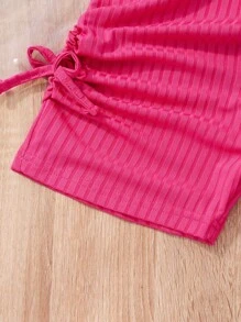 Tween Girl 纯色罗纹侧系带前无袖休闲连体衣 - 玫紅色 - 查看 4
