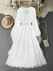 Franclia V-Neck Color Block Lace Solid Long Sleeve Dress Fall Cloth For Women - White - View 2