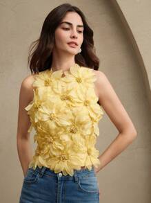 Anewsta 女士优雅浪漫网眼刺绣 3D 花卉背心 T 恤衬衫，春季女装夏装 - 黃色 - 查看 6