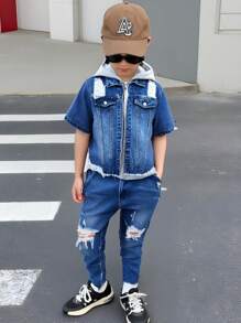 SHEIN Tween Boy 2pcs/Set Y2k Fashion Casual Blue Denim Cut Out Ripped Frayed Splicing Design Short Sleeved Grey Knit Hooded Denim Jacket Top And Stretch Skinny Kids Jeans For Boy Costume Dailywear And Kids Summer Clothes