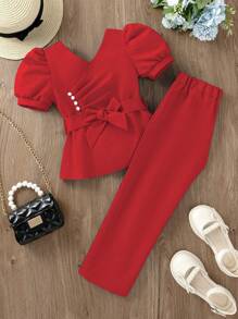 Jong meisje 2 stuks/set effen kleur pofmouw knoop taille shirt en broek outfit