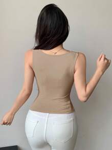 DAZY Women's Sexy Minimalist Style Casual Wide Strap Chest Ruched Camisole Top, Summer - Khaki - View 3