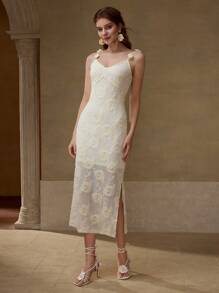 MOTF Vestido de tirantes con abertura y parches florales - Blanco - Ver 3