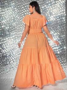 Viva Relle Vestido informal para mujer talla grande con escote en V profundo, manga corta con volantes y cintura anudada - Naranja - Ver 5